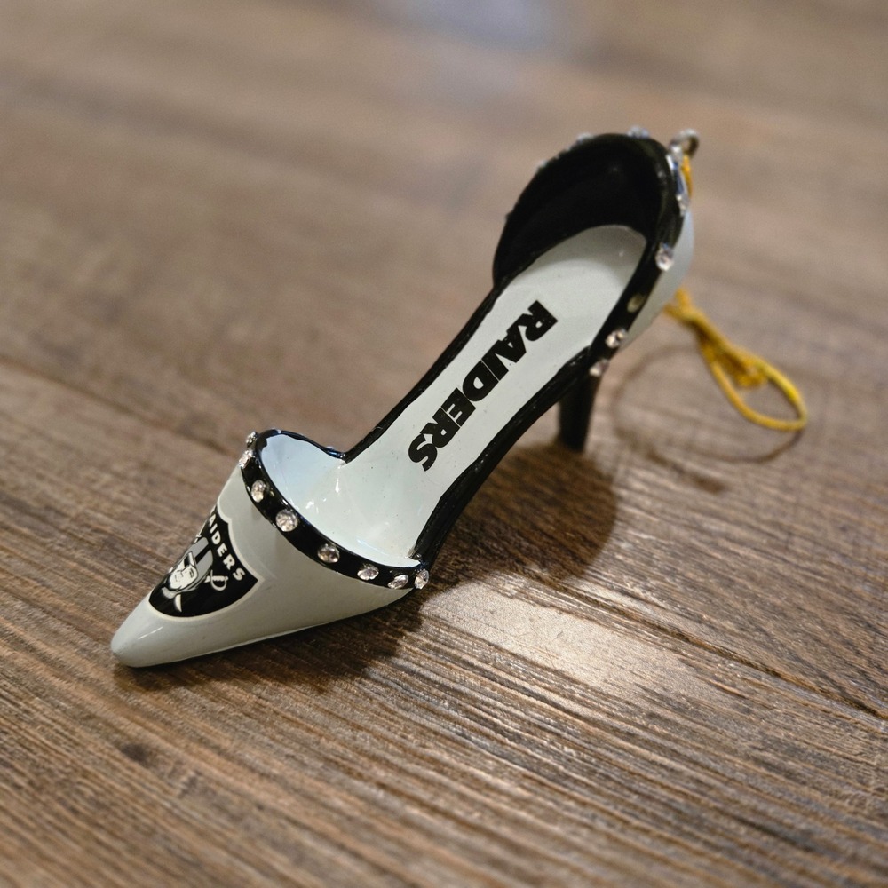 Oakland Raiders High Heel Ornament Shoe NFL Football Silver Black Rhinestone EUC